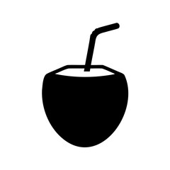 Simple black vector drawing of a coconut with a straw inside