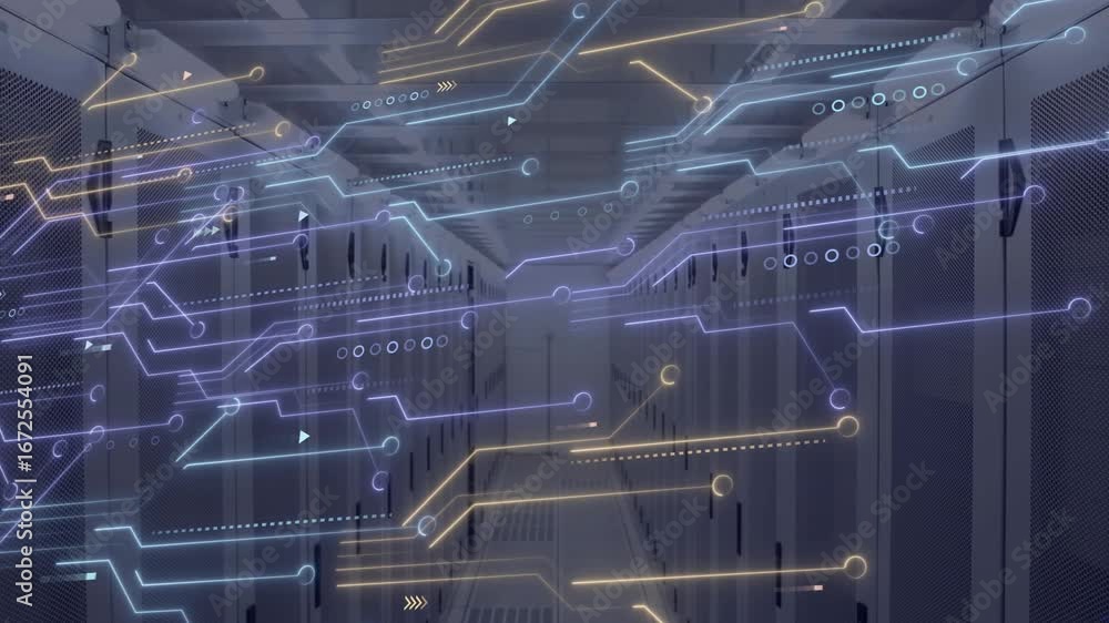 Poster animation of circuit board and digital data processing over computer servers