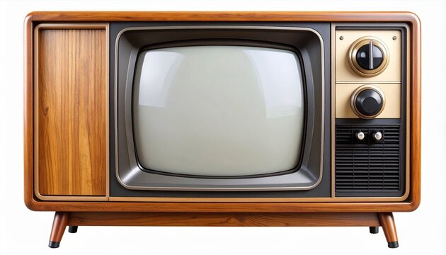 Classic Wooden Television Set with White Screen Retro Style and Analog Controls