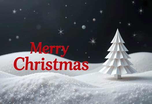 Stylized White Christmas Tree Banner with Red Text on Starry Background Festive Holiday Greeting Featuring Snowy Landscape and Layered Tree Design Seasonal Scene with Twinkling Sky and Bold Typography - Powered by Adobe