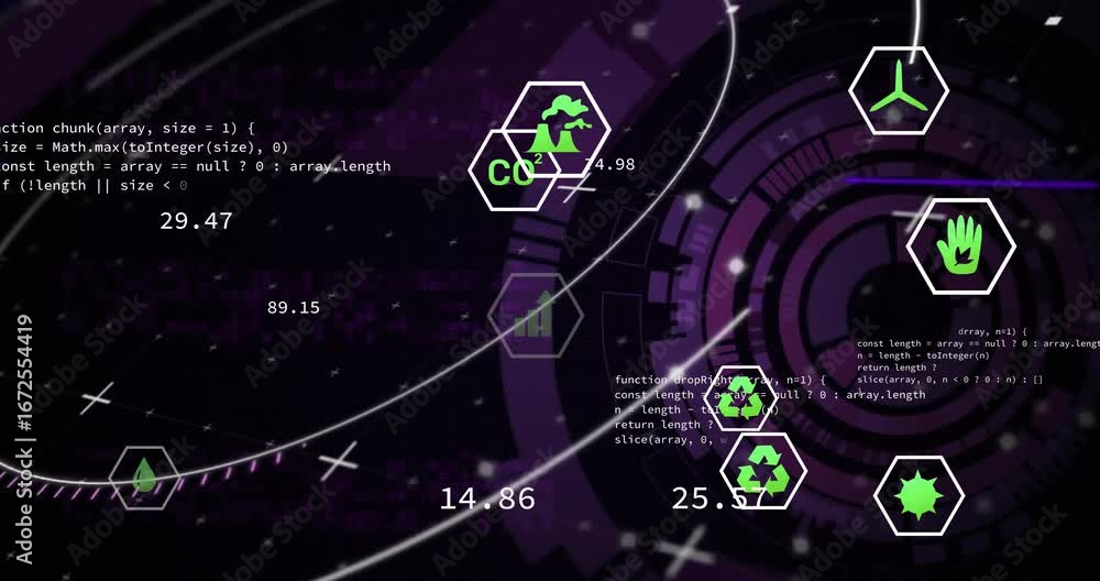 Poster animation of eco icons, digital data processing over scope scanning