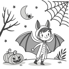 Boo! A Spooky Halloween Party Design featuring a boy dressed as a bat, ready for a night of fun and frights! vector illustration of coloring page black and white 