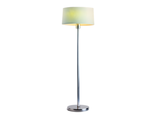 Tall modern floor lamp with a silver stand and cream lampshade isolated on transparent background