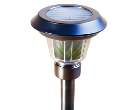 Solar powered garden light with a blue metallic finish and glass enclosure, isolated on transparent background
