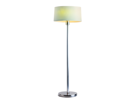 Tall modern floor lamp with a silver stand and cream lampshade isolated on transparent background