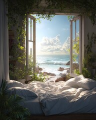 Beach view from a sunlit bedroom