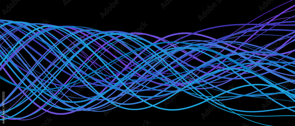 Poster dynamic wave patterns: futuristic blue and purple tech lines on black background.