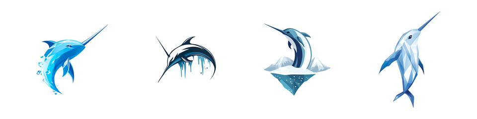 Set of 2D illustration of a minimalistic narwhal logo with icy isolated on transparent background © Sukanto