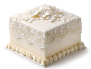 Elegant wedding cake square slice with delicate icing detail