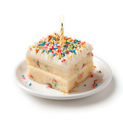 Single serving square birthday cake slice with sprinkles and candle