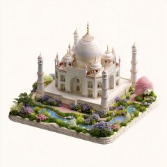 A beautifully detailed isometric model of a famous ivory-white marble mausoleum and its gardens