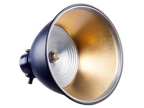 Photography lighting reflector with a gold metallic surface, isolated on transparent background