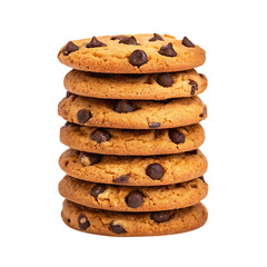 Stack of delicious chocolate chip cookies isolated on transparent background for baking and dessert concepts