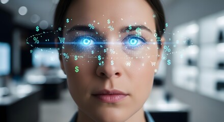 Woman with glowing eyes displaying digital data futuristic interface technology
