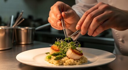 Expert Chef Artfully Garnishing Gourmet Scallop Dish with Fresh Greens