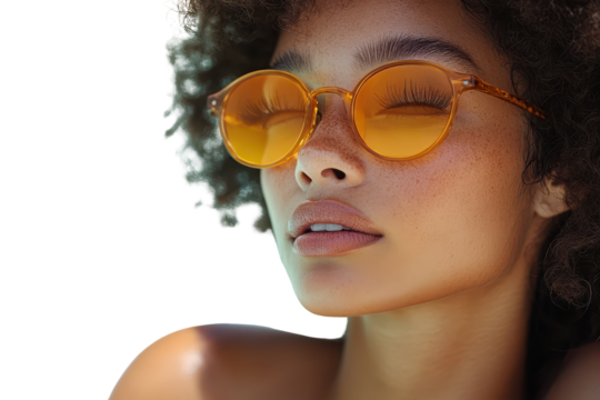 Young woman with curly hair relaxing in the sunlight wearing orange sunglasses and a floral headscarf
