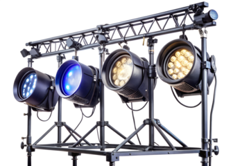 Stage lighting equipment with multiple spotlights on a stand isolated on transparent background