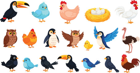 Bird, cartoon, toucan, owl, penguin, chick, rooster, chicken, nest, eggs, flying, colorful, cute, animal, illustration, nature, wildlife, character, feather, beak, wing