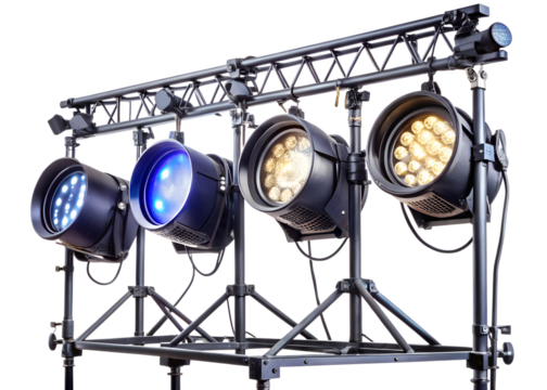 Stage lighting equipment with multiple spotlights on a stand isolated on transparent background