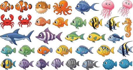 Cartoon sea creatures set, marine animals, colorful fish, ocean illustration, jellyfish, crab, shark, octopus, seahorse, underwater character pack