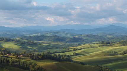 Rolling hills of Tuscany under a cloudy sky.