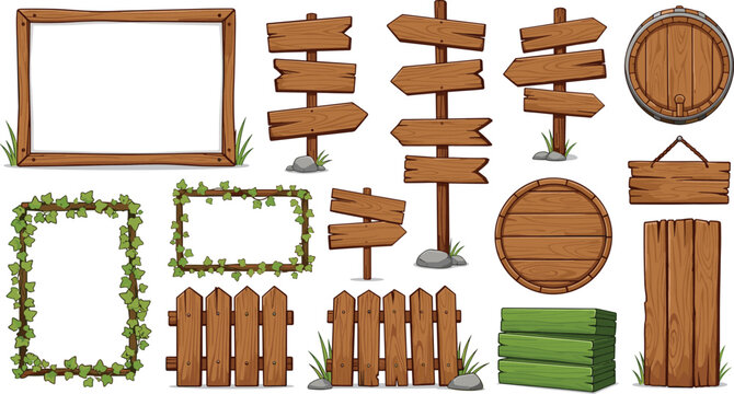 Cartoon wooden signs and frames, natural elements, fences, crates, barrels, vine borders, game assets, outdoor design, rustic illustration pack