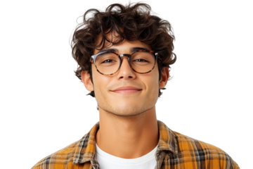 Portrait of a smiling young man with curly hair wearing eyeglasses and a plaid shirt on a transparent background