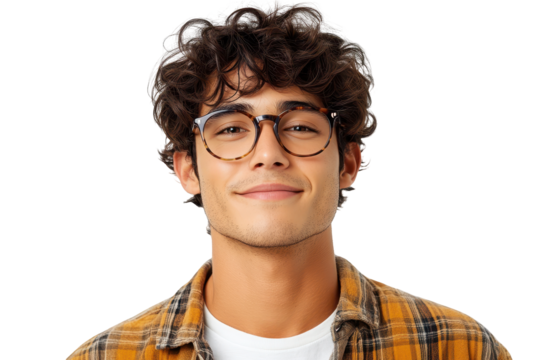 Portrait of a smiling young man with curly hair wearing eyeglasses and a plaid shirt on a transparent background