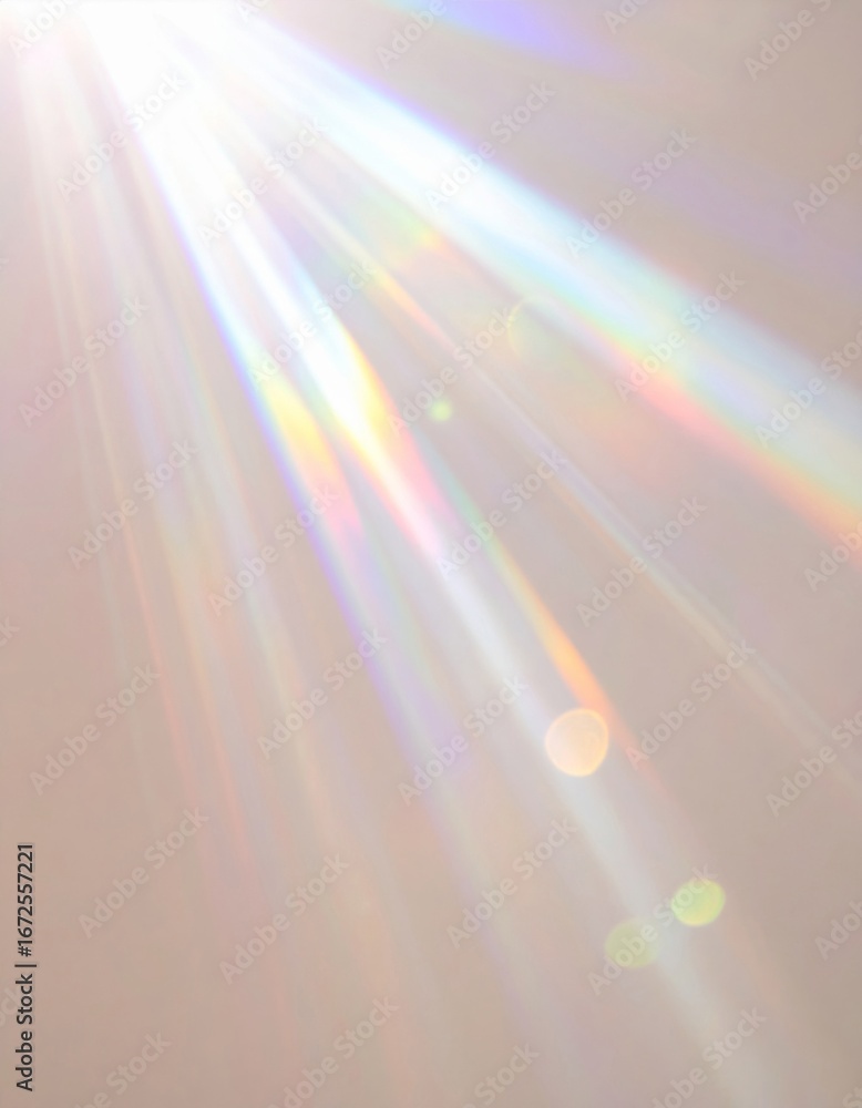Poster spectrum of light rays with rainbow colors and optical flare on a light surface