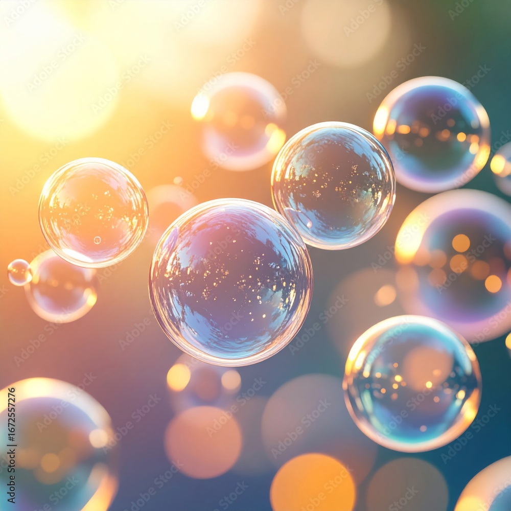 Aufkleber group of translucent soap bubbles floating with bokeh lights background in golden hour