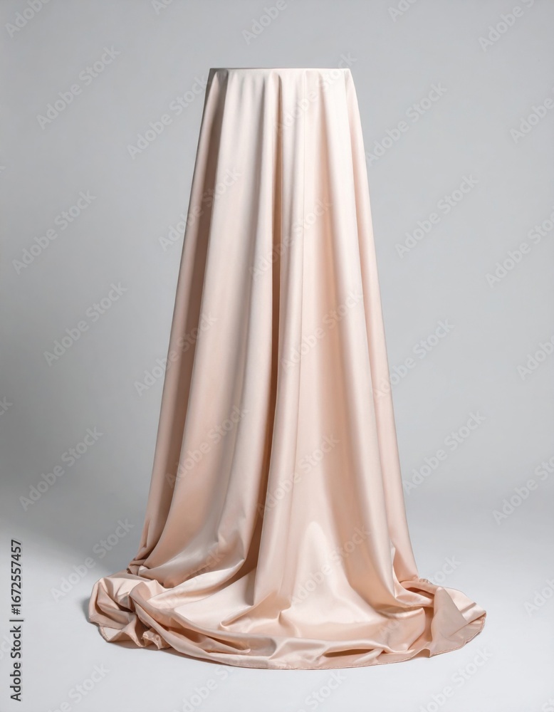 Poster beige silk fabric draped over a cylindrical column in a studio setting for display