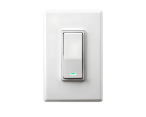 A contemporary white light switch with a sleek design and a green indicator light, isolated on transparent background