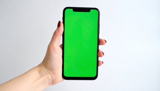 Hand holding a smartphone with a green screen (1)