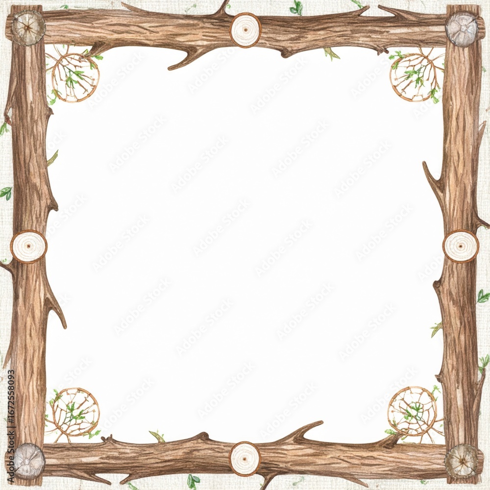 Poster rustic wood frame with tree branch accents on neutral textured background