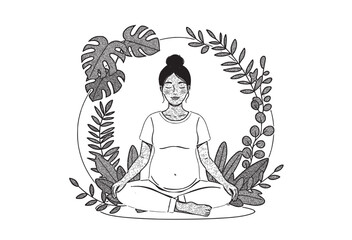 Black and White Illustration of a Peaceful Pregnant Woman Meditating Amidst Lush Leaves