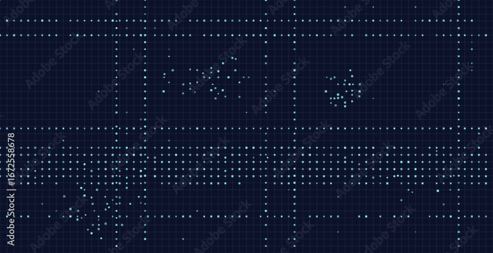 Poster futuristic digital grid background with blue dots and lines on dark theme.