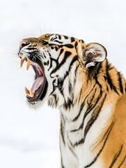 Fototapeta premium <Vivid Wildlife Photography: Majestic Tiger Yawning in Natural Habitat - Ferocious Big Cat with Vibrant Fur and Expressive Roar>