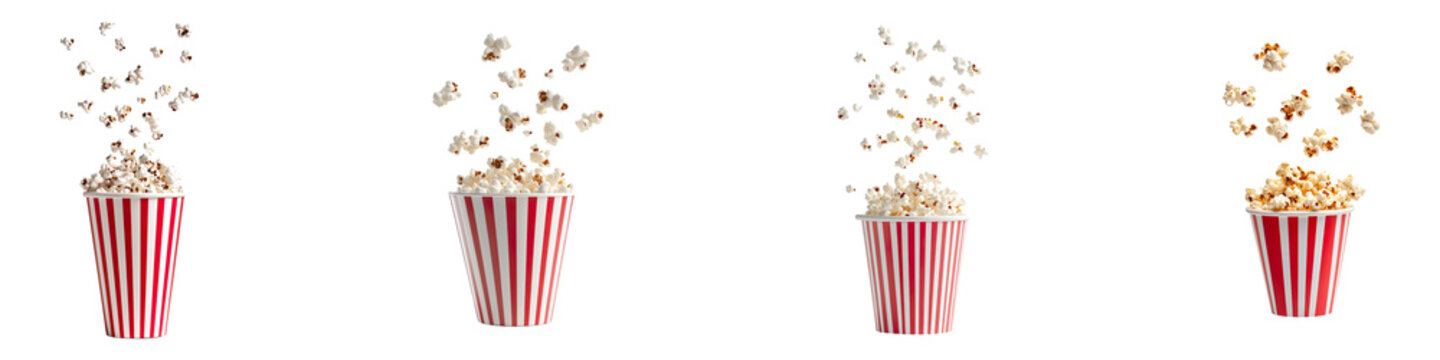 Set of a high resolution, widescreen of popcorn flying out of a red and white striped popcorn cup isolated on transparent background