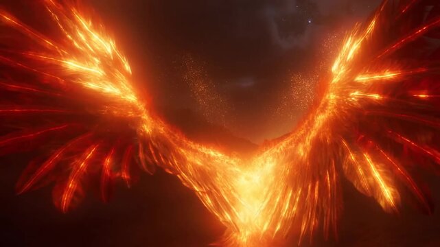 Fiery glowing wings spreading wide like a phoenix rising, cinematic fantasy atmosphere with radiant flame light effect background design