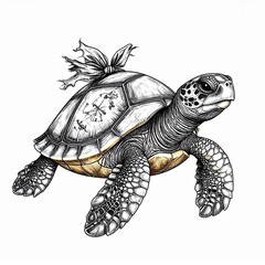 Obraz premium Detailed Pen and Ink Sketch of a Sea Turtle with Shell Patterns Isolated