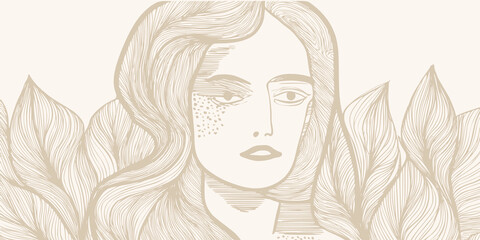 Abstract geometric background with hand drawn woman face, portrait drawn in simple hand drawn style, vector illustration.