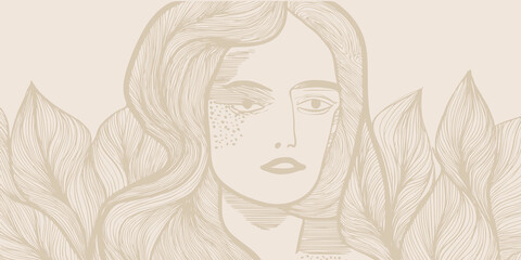 Abstract geometric background with hand drawn woman face, portrait drawn in simple hand drawn style, vector illustration.
