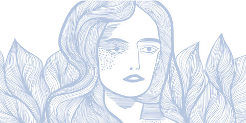 Abstract geometric background with hand drawn woman face, portrait drawn in simple hand drawn style, vector illustration.