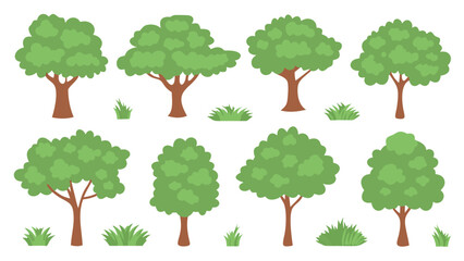 Set of vibrant green cartoon trees, colorful nature elements for animation, video projects, and graphic design; vector illustration with transparent background, 