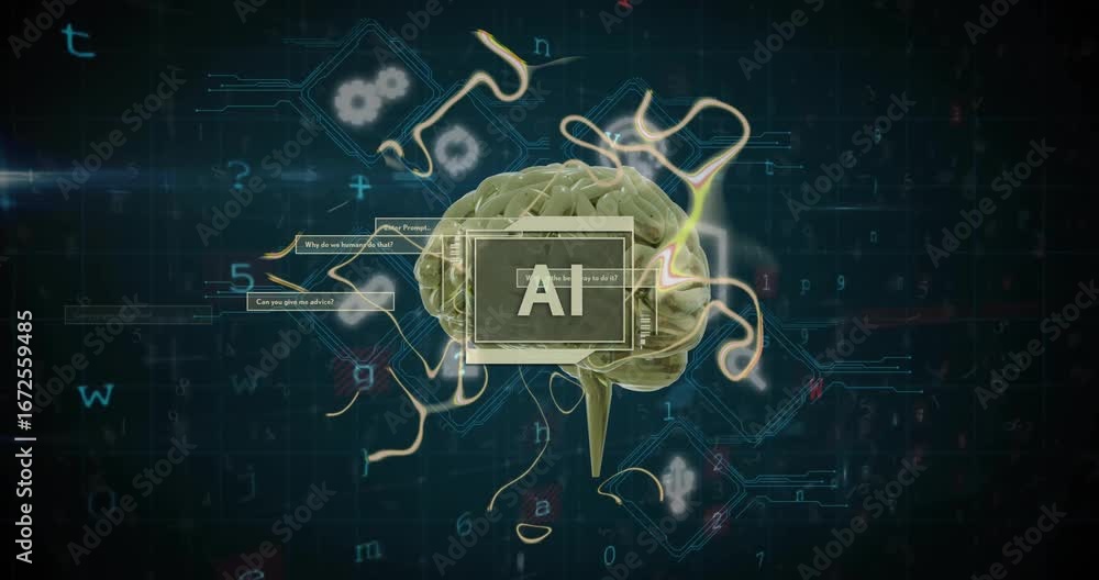 Aufkleber animation of ai text, human brain and data processing