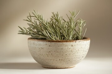 Dried rosemary, flavorful herb, displayed in a small bowl against a neutral backdrop