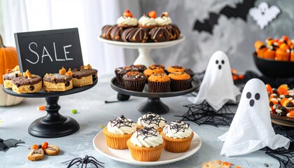 Halloween Treats on Display featuring Ghost Decorations and Chocolate Cupcakes with a Festive Autumn Backdrop