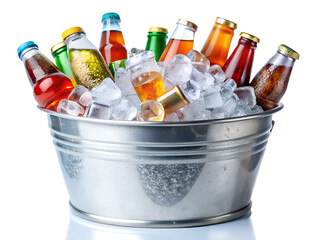 Assortment of colorful beverage bottles chilling in a metal bucket filled with ice, isolated on transparent background