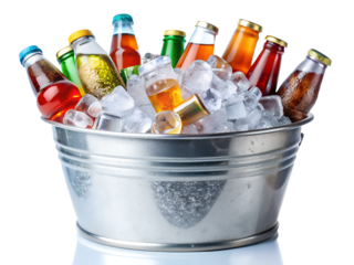 Assortment of colorful beverage bottles chilling in a metal bucket filled with ice, isolated on transparent background