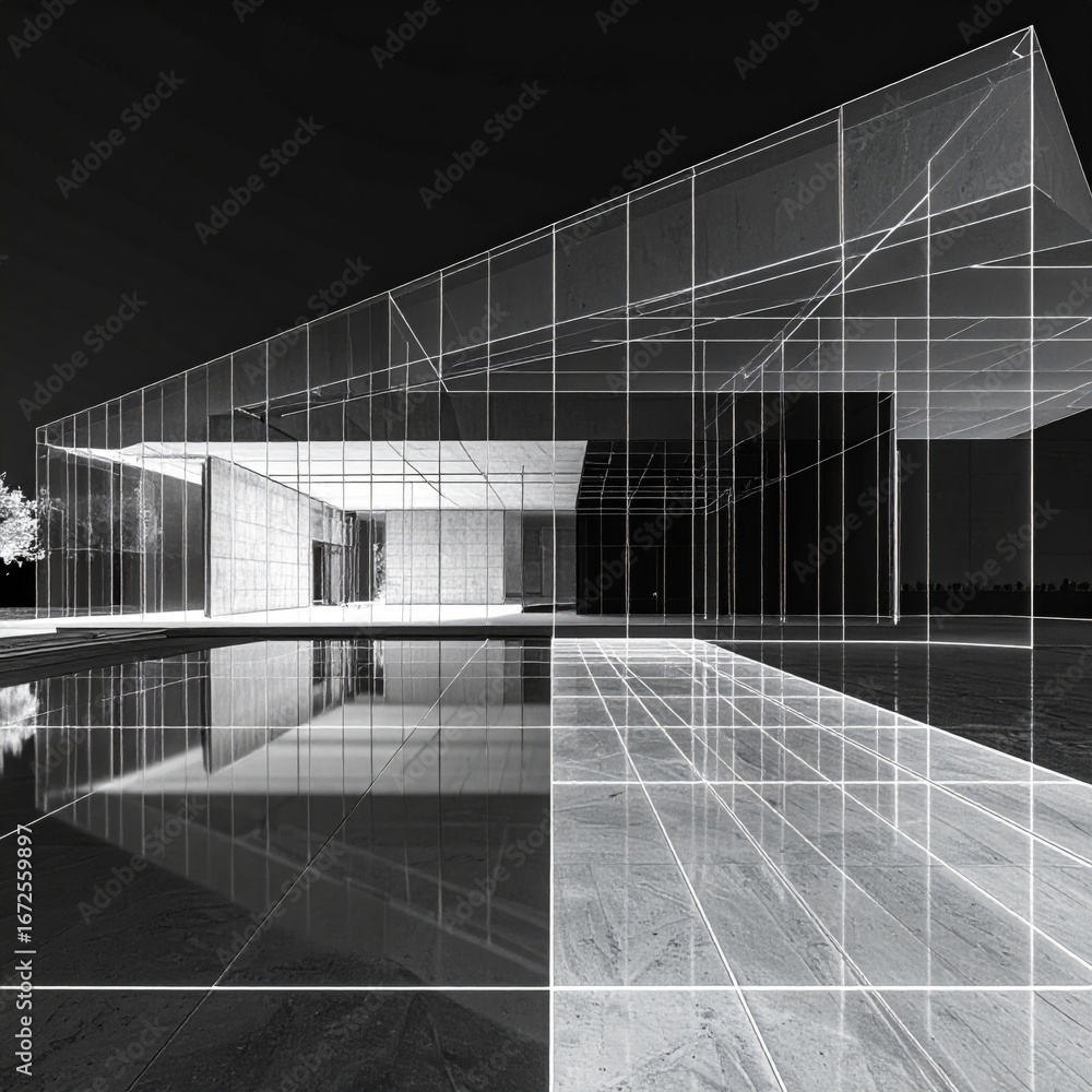 Poster modern building with glass walls and reflection in pool with geometric lines in black and white